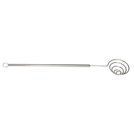 Large spiral chocolate dipping tool with a 1.5-inch round coil head and long stainless steel handle, ideal for coating truffles or strawberries in chocolate.