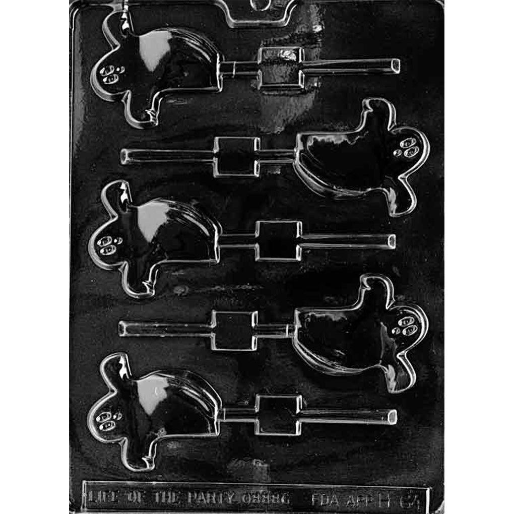 Clear plastic chocolate lollipop mold with six ghost-shaped cavities featuring smiling faces, rounded waving arms, and stick channels for making ghost chocolate pops.
