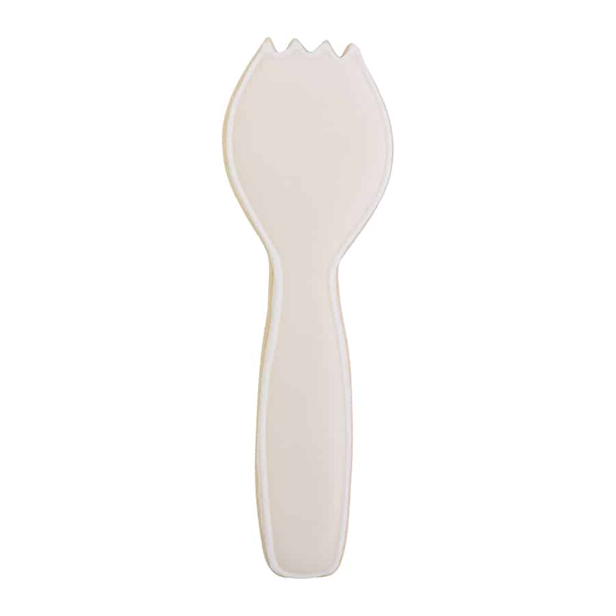 Decorated spork cookie with white icing, shaped like a classic spork.