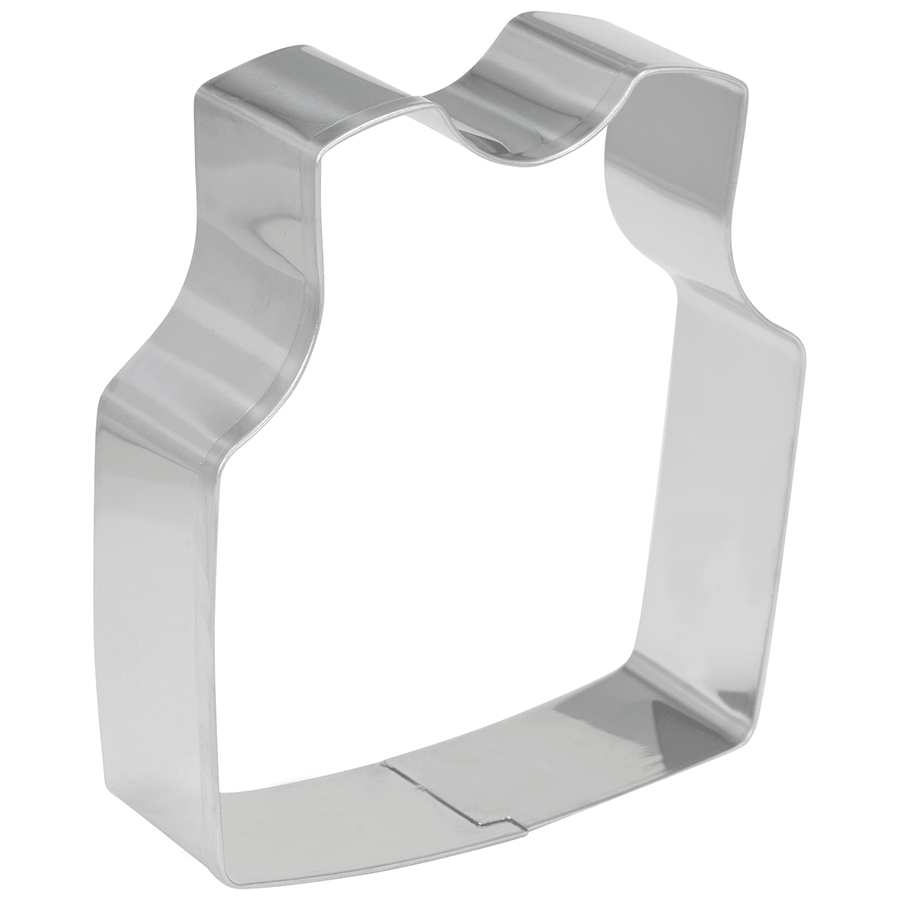 Side view of a sturdy jersey cookie cutter with smooth edges and a classic shape.