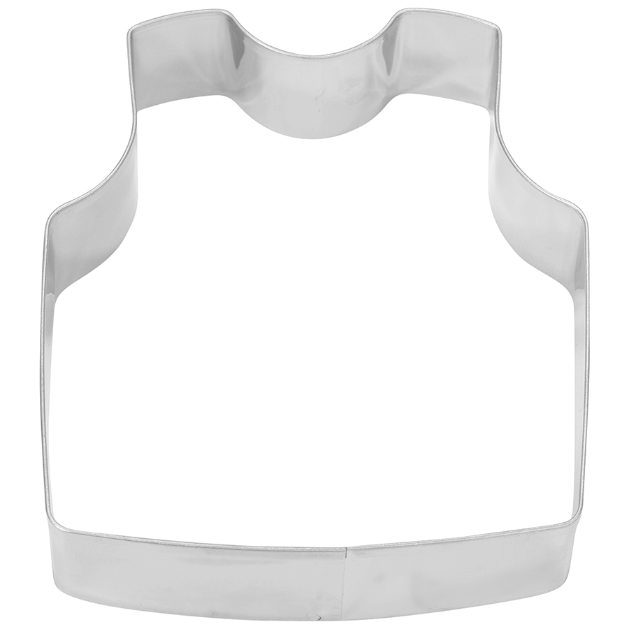 Jersey-shaped cookie cutter with a defined neckline and sleeves, photographed from a top-down angle.