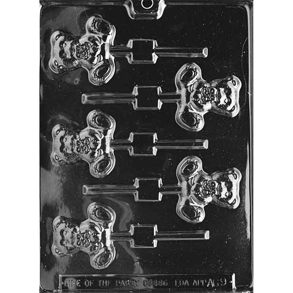 Clear plastic chocolate lollipop mold with six teddy bear cavities showing a bear holding a small bouquet of flowers, with stick channels for making teddy bear chocolate pops.