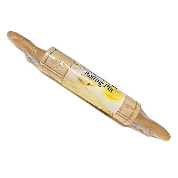 Packaged Springerle wooden rolling pin wrapped in plastic with label, ready for retail display.