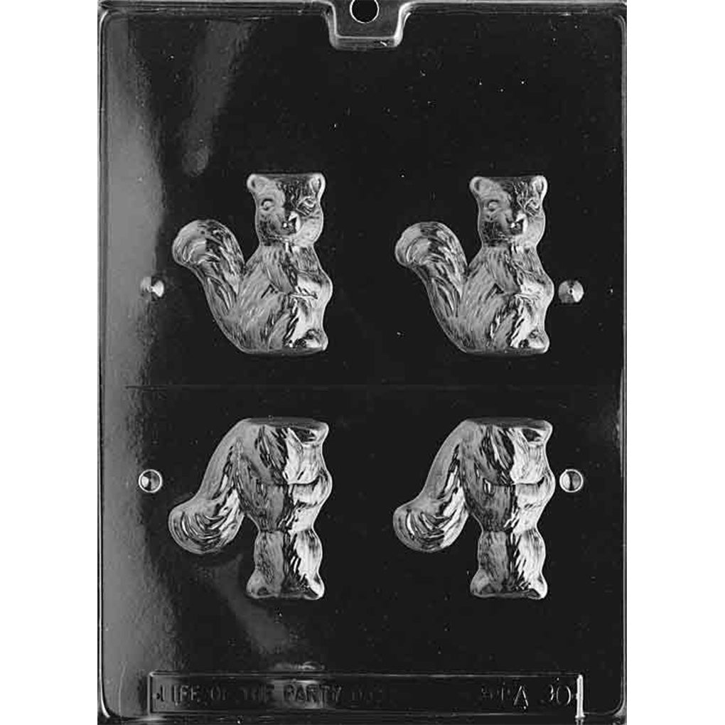 Clear plastic 3D chocolate mold with four squirrel cavities, showing detailed fur texture and curled bushy tails, photographed on a dark background.