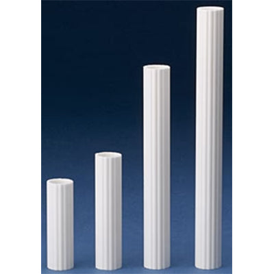 Set of four white plastic cake dowel rods in graduated heights, designed for supporting stacked or tiered cakes.