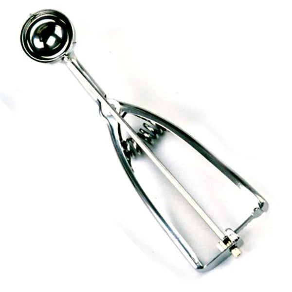 Close-up view of a polished stainless steel #64 cookie scoop with a spring-action handle, designed for 1 tablespoon portions.