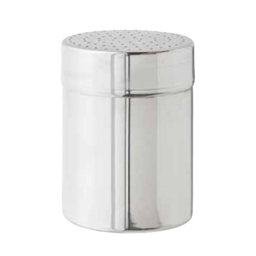 10 oz stainless steel shaker with fine-hole top, designed for dusting sugar, cocoa, or flour.