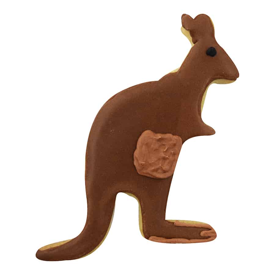Decorated kangaroo cookie with brown icing and a pouch detail, capturing the look of Australia’s beloved marsupial.