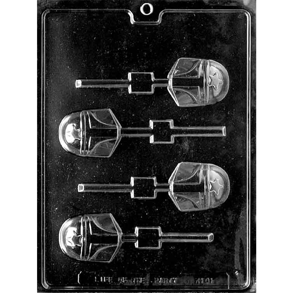 Starfighter helmet chocolate lollipop mold with angular faceplate details and molded channels for lollipop sticks