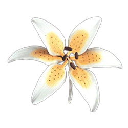 Orange stargazer lily gum paste flower, 2.75 inches wide, with realistic speckled petals for cake decorating.