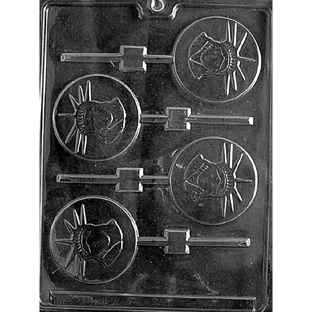 Four-cavity round Statue of Liberty chocolate lollipop mold with embossed crowned heads, radiating crown spikes, and built-in stick channels