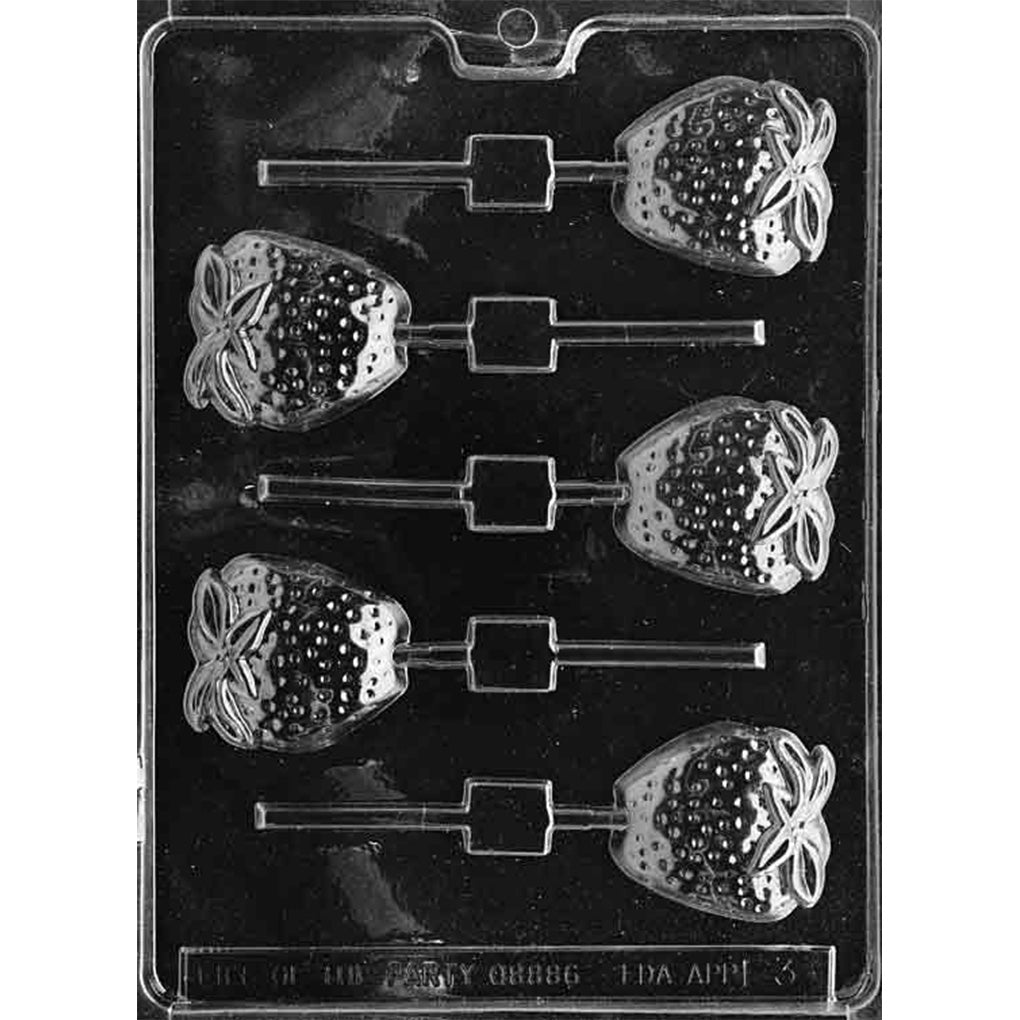 Clear plastic chocolate lollipop mold with six strawberry-shaped cavities featuring seed texture, leafy tops, and stick channels for making strawberry chocolate pops.