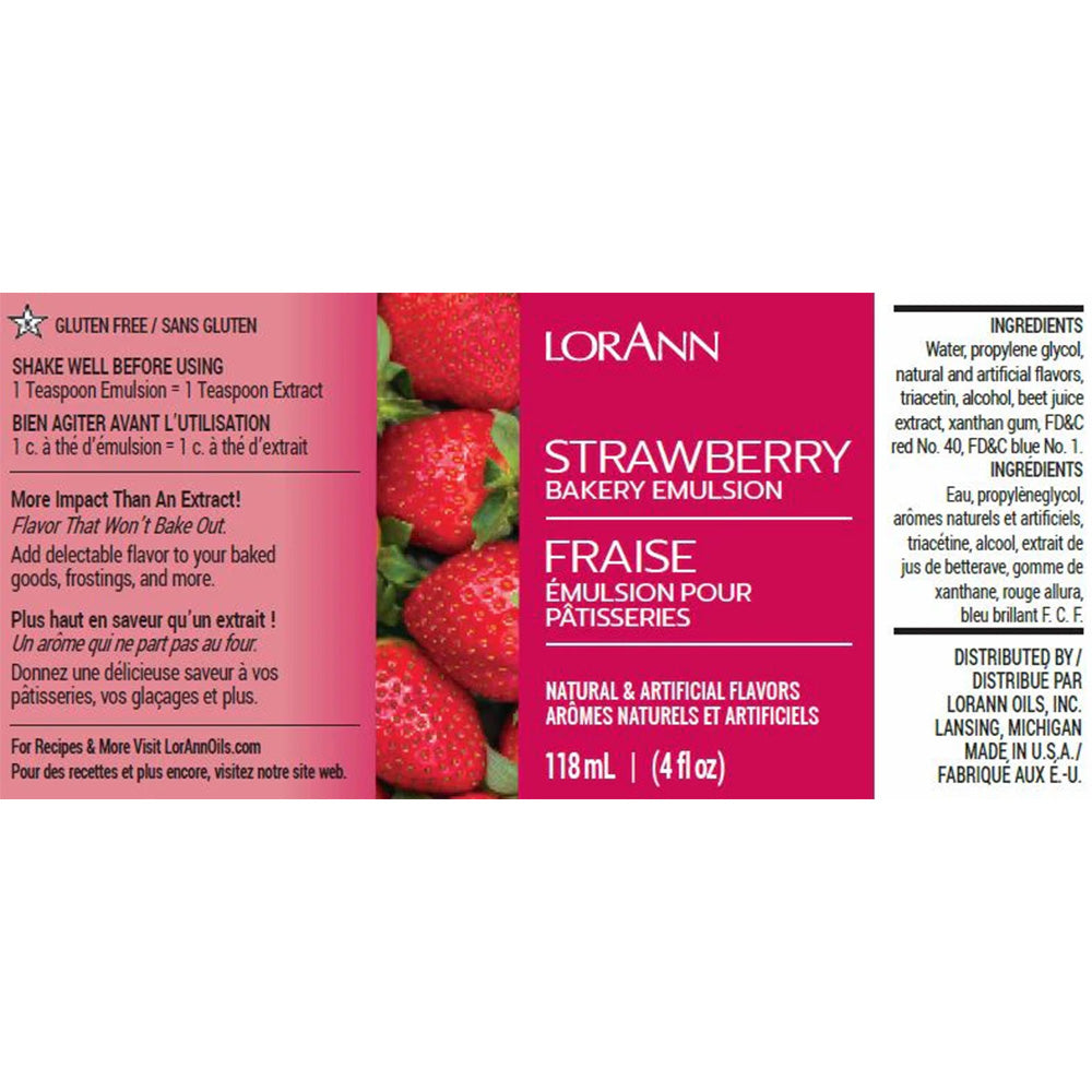 LorAnn Strawberry Bakery Emulsion label with ripe strawberries, 4 fl oz bottle, gluten-free with natural and artificial strawberry flavor.