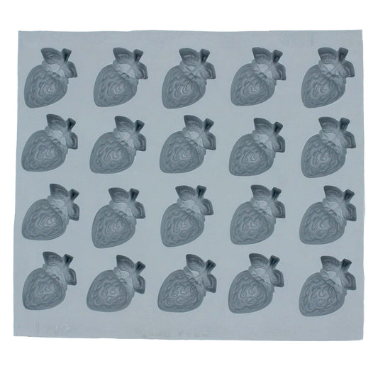 Full sheet of strawberry-shaped rubber mint molds ideal for fruit-themed confections