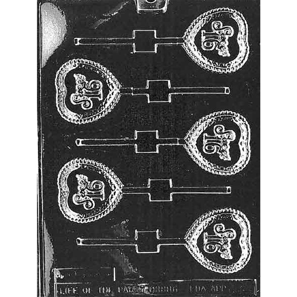 Clear plastic Sweet 16 chocolate lollipop mold with five heart-shaped cavities featuring decorative lettering, floral accents, and detailed borders.