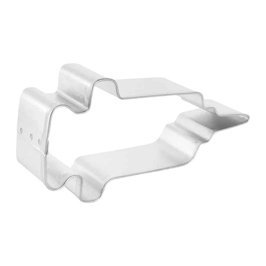 Angled side view of the syringe cookie cutter, showing its depth and shape.
