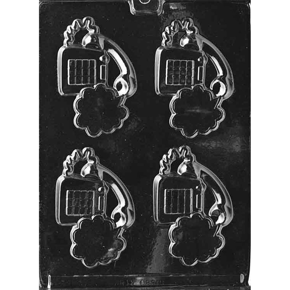 Four-cavity talking telephone chocolate mold with 4 x 2 1/2 x 1/4-inch touch-tone phones, coiled cords, and blank speech bubbles