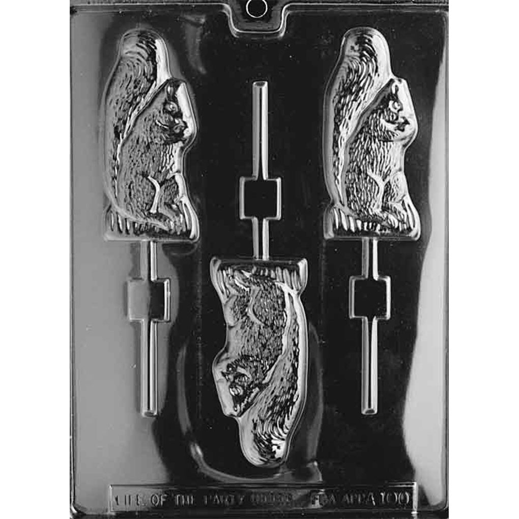 Clear plastic tall tail squirrel chocolate lollipop mold with three squirrel cavities featuring a long body, curled upright tail, textured fur, and stick channels on a dark background.