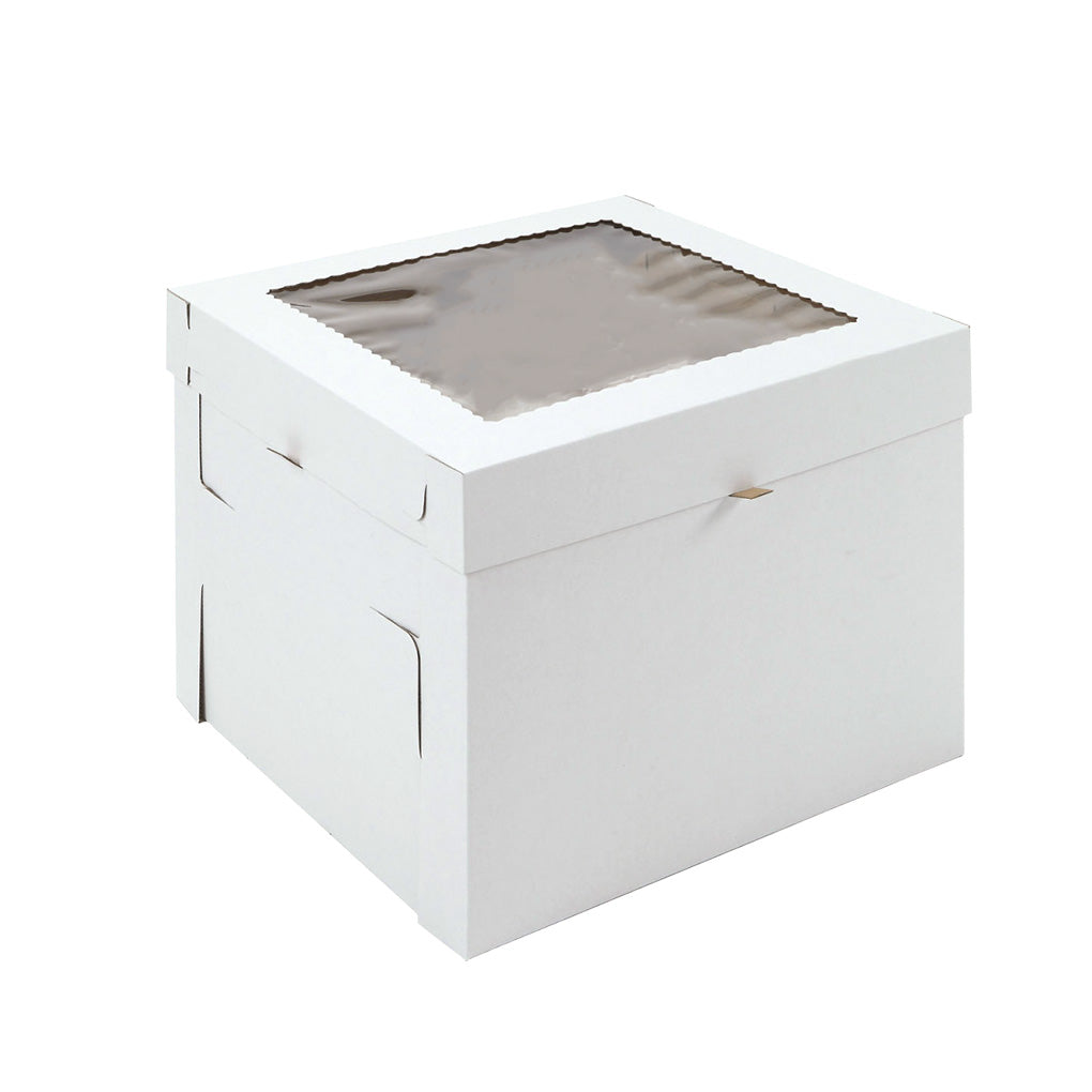 White 14 x 14 x 12-inch tall corrugated cake box with a separate lid and clear top window.