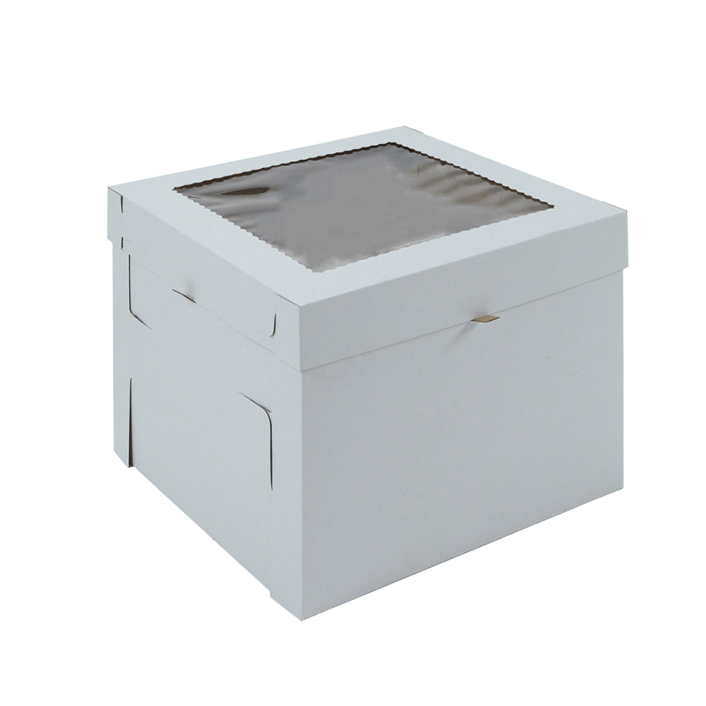 White two-piece corrugated tall cake box measuring 14 x 14 x 8 inches with a clear window in the lid