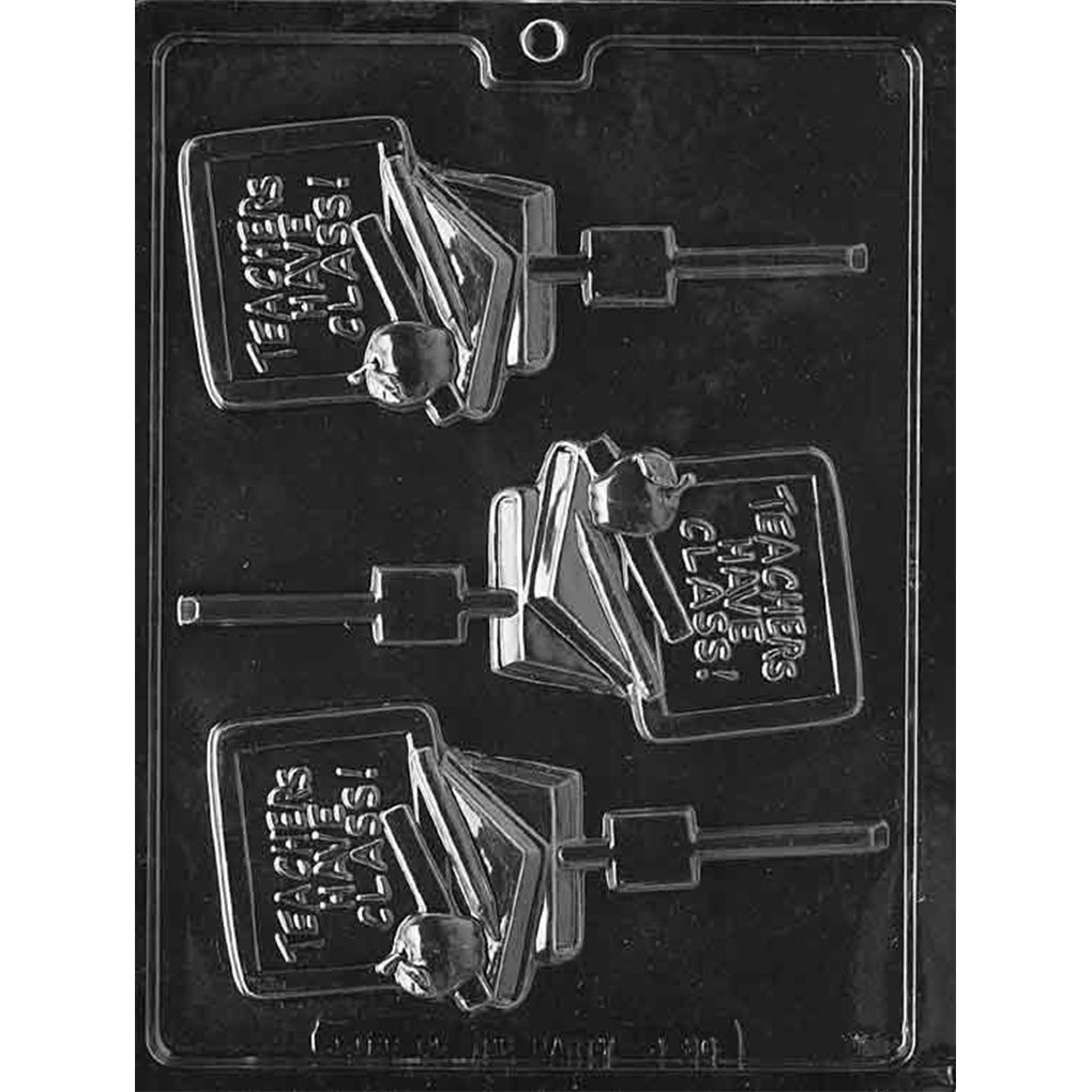 Three-cavity Teachers Have Class chocolate lollipop mold with chalkboard signs, stacked books, apples, and built-in stick channels