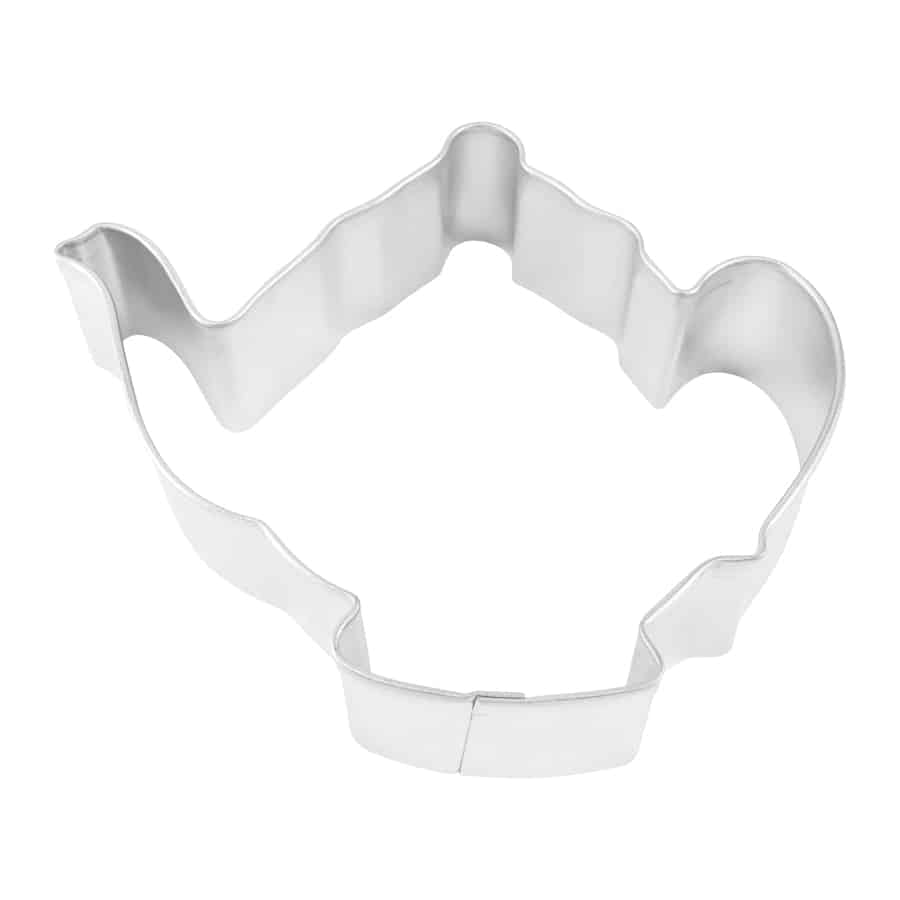 Teapot-shaped metal cookie cutter, measuring 3.75 inches wide by 3.5 inches tall.