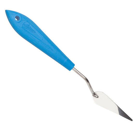 Tear drop shaped offset trowel spatula with blue plastic handle and stainless steel blade, ideal for cake decorating and fondant detail work.