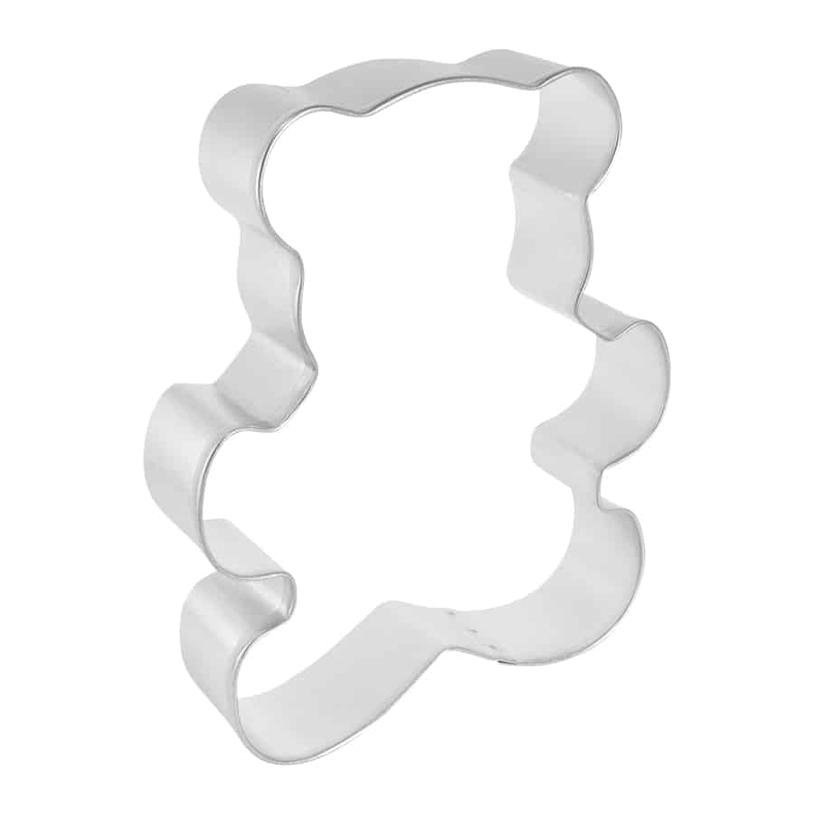 Angled side view of the Teddy Bear Cookie Cutter showing its curved and detailed shape.