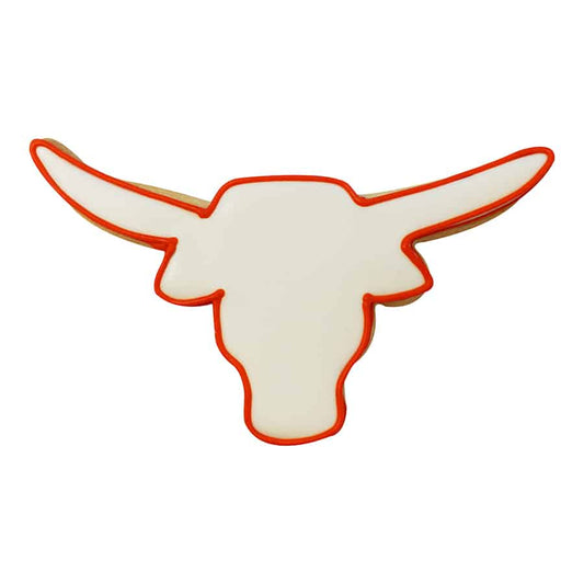 Decorated longhorn cookie with white icing and burnt orange outline.