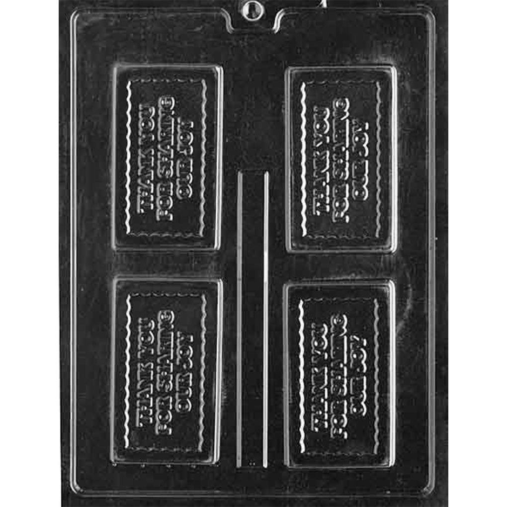 Four-cavity thank-you chocolate bar mold with raised “Thank You for Sharing Our Joy” message and decorative borders, 3 3/4 x 2 1/8 inches