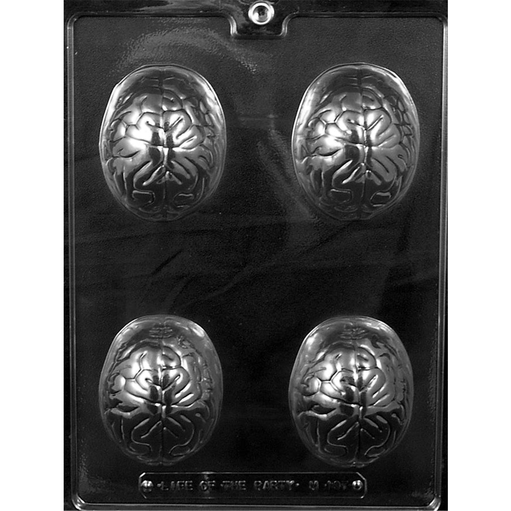Clear plastic chocolate mold with four brain-shaped cavities, each showing a top-view brain design with raised ridges and a center seam line.