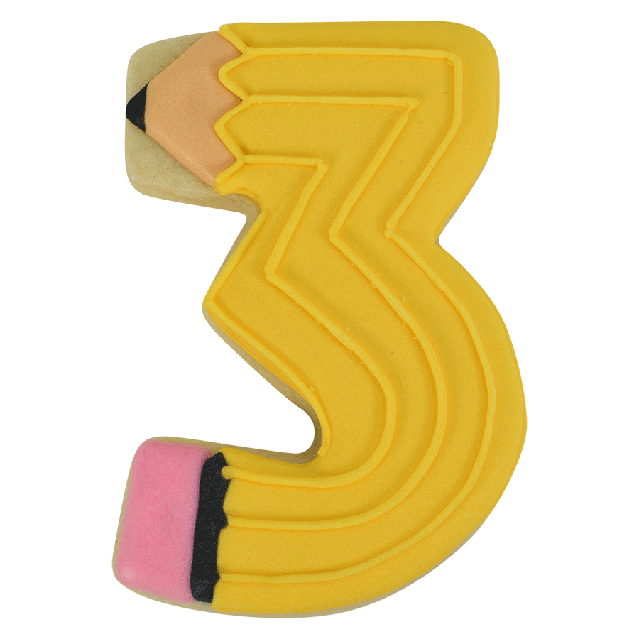 Decorated number 3 cookie designed as a yellow pencil with pink eraser detail.