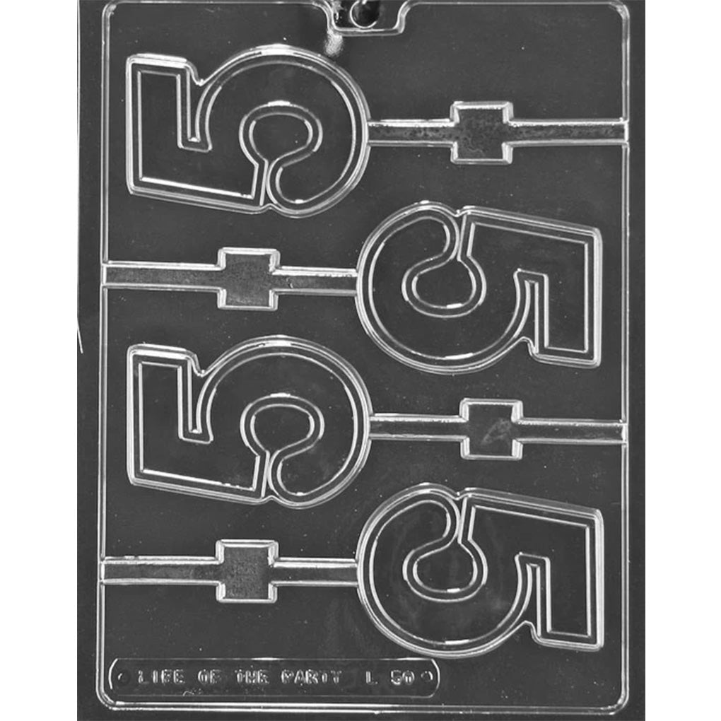 Four-cavity number 5 chocolate lollipop mold with 3 1/4-inch block numerals, recessed inner outlines, and built-in stick channels