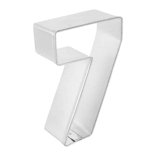 Angled view of a metal number 7 cookie cutter, showing its depth and sharp edges.