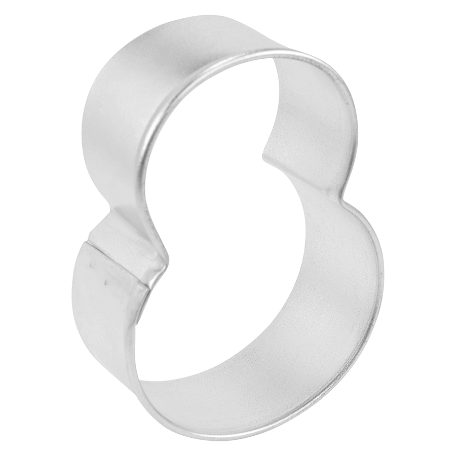 Side view of a metal number 8 cookie cutter, showing its curved shape and sturdy construction.