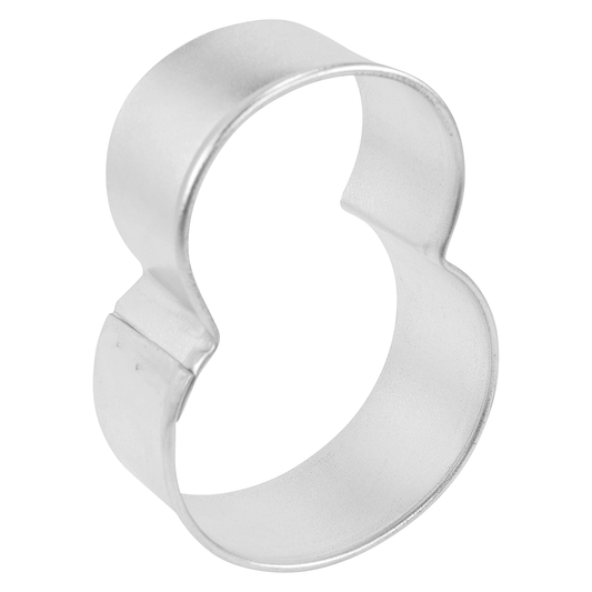 Side view of a metal number 8 cookie cutter, showing its curved shape and sturdy construction.