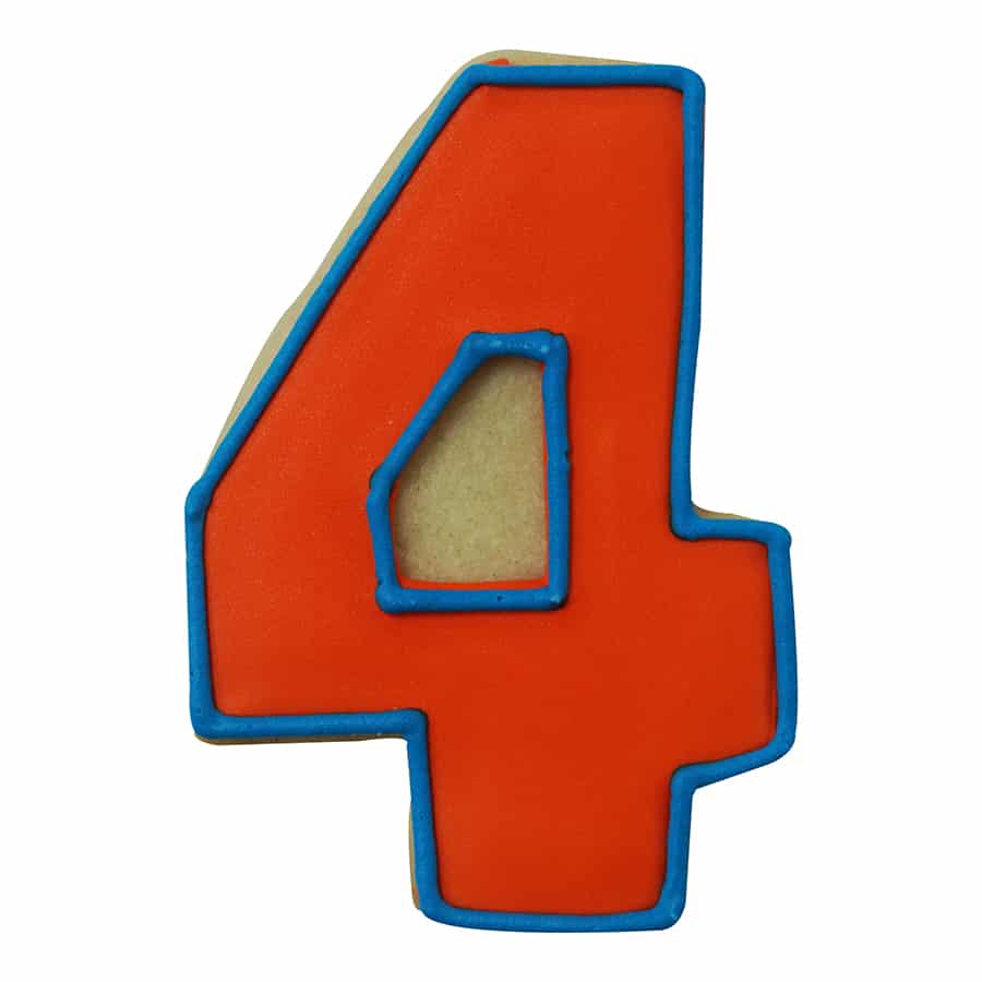 Number 4 sugar cookie decorated with orange icing and outlined in blue.