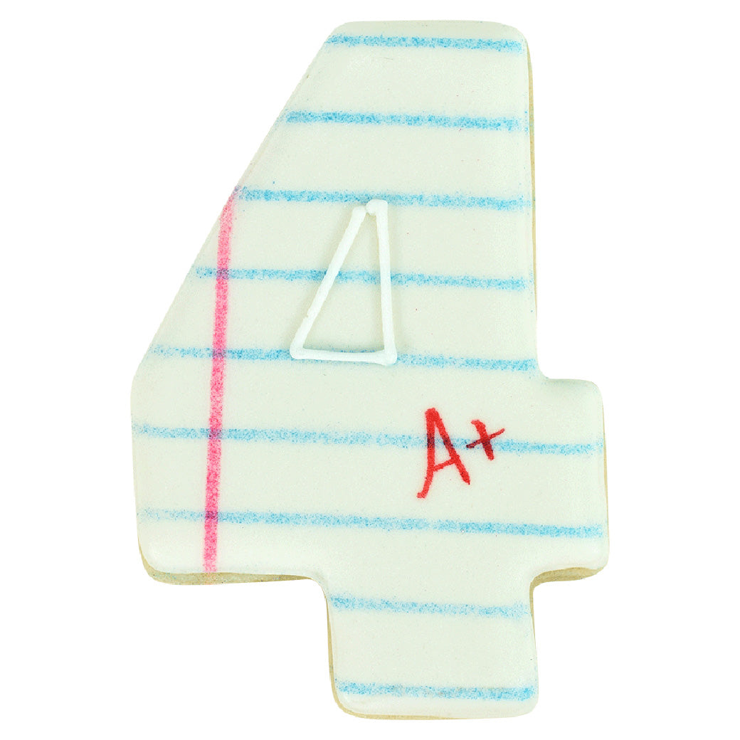 Notebook-themed number 4 sugar cookie decorated with blue lines, a red margin, and 'A+' in red icing.