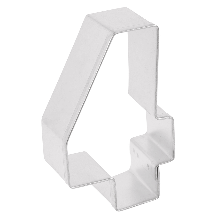 Angled view of a metal number 4 cookie cutter with defined edges.