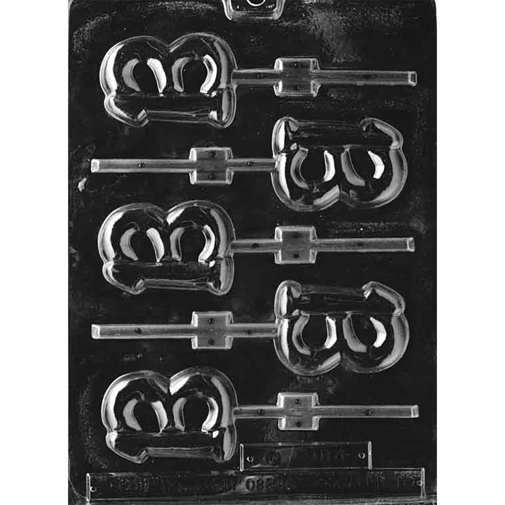 Plastic chocolate lollipop mold featuring four cavities of the number "13" with built-in stick channels, designed for making chocolate pops for milestone 13th birthday celebrations.