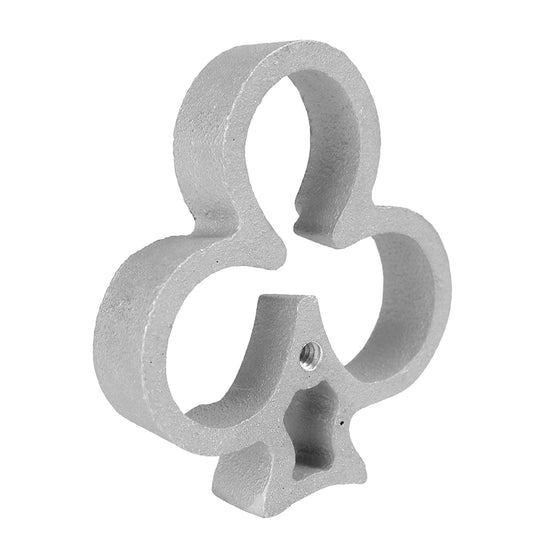 Angled view of the 3-leaf clover-shaped Timbale mold - Highlighting the depth and intricate clover shape, emphasizing the sturdy, cast aluminum construction.