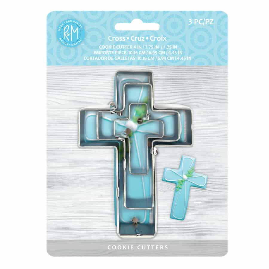 Cross cookie cutter set in retail packaging, featuring three nested metal cutters.
