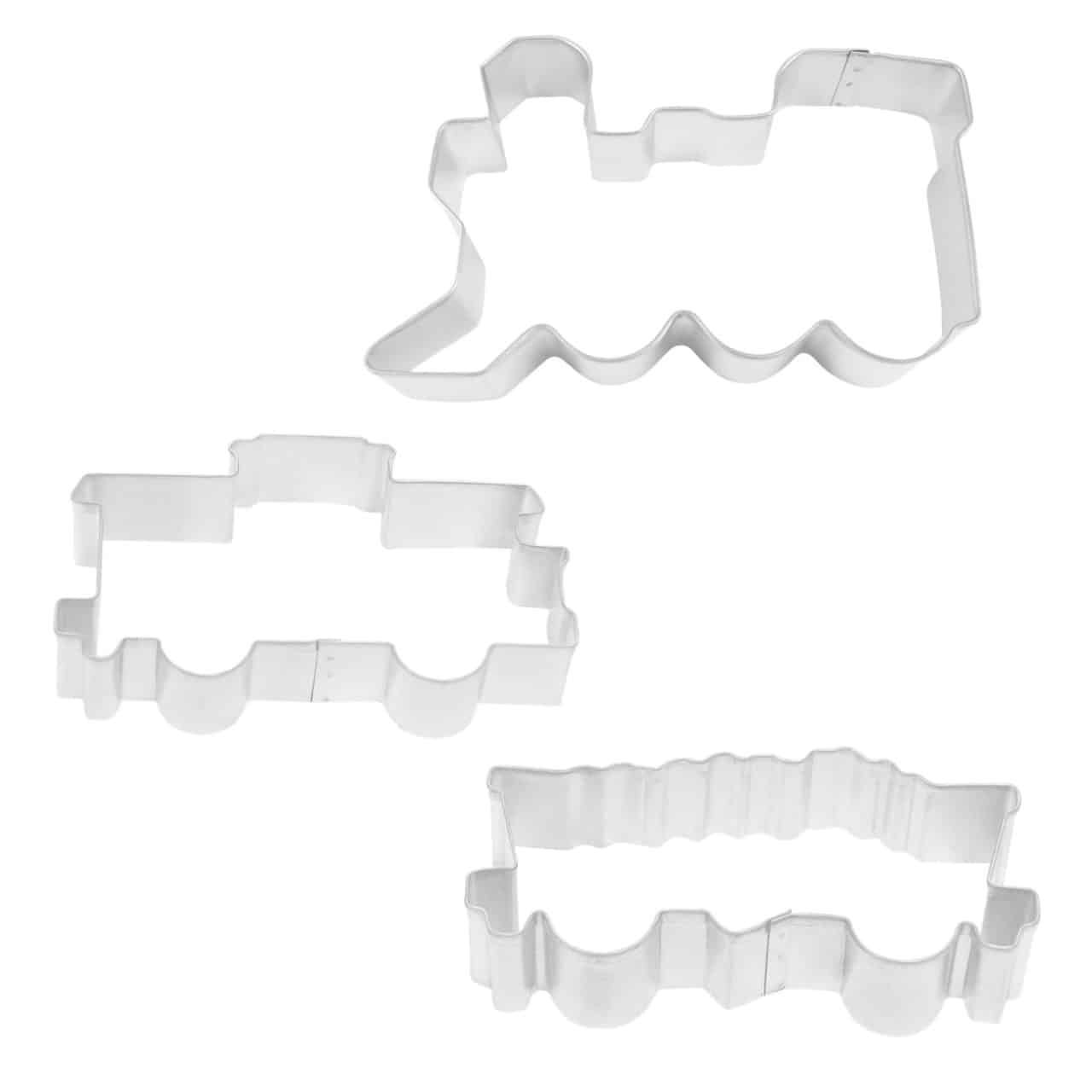 Three metal train-shaped cookie cutters displayed on a white background.