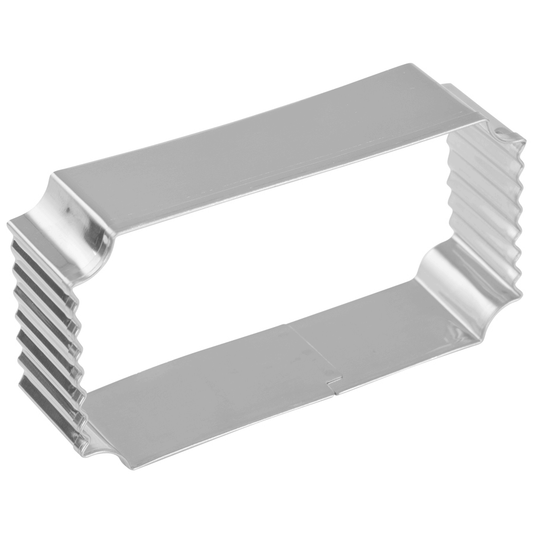 Side view of the Ticket Cookie Cutter, showing its sturdy metal design and ridged edges.