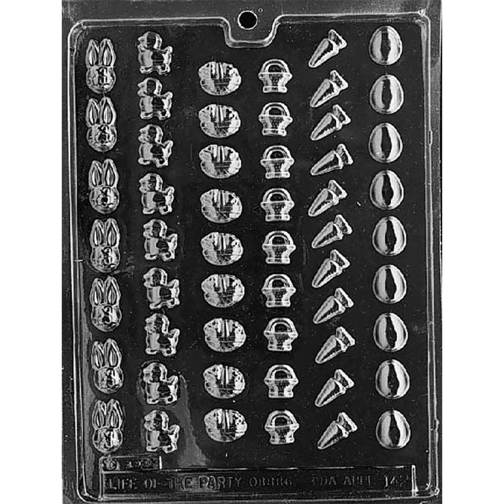 Clear plastic Tiny Easter Assortment Chocolate Mold with 48 cavities featuring bunnies, chicks, decorated eggs, baskets, carrots, and plain eggs