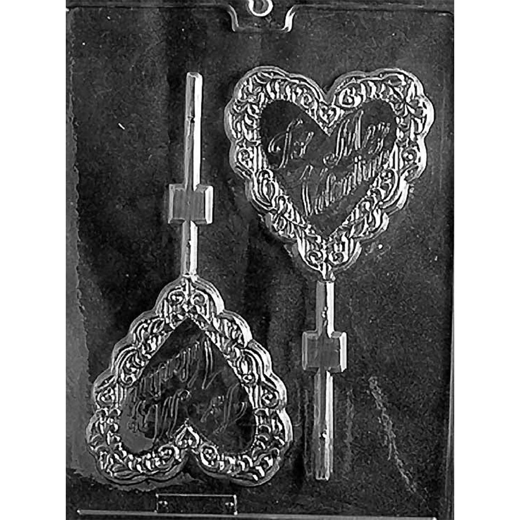 Two-cavity large “To My Valentine” heart chocolate lollipop mold with scripted messages, ornate floral borders, and built-in stick channels.