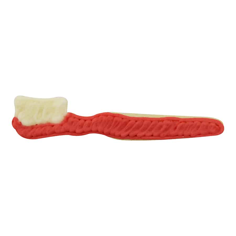Decorated toothbrush-shaped sugar cookie with red icing on the handle and white icing for the bristles.