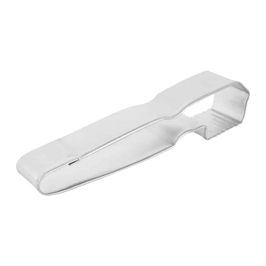 Angled side view of a toothbrush cookie cutter, showcasing its sturdy metal construction and well-defined shape.