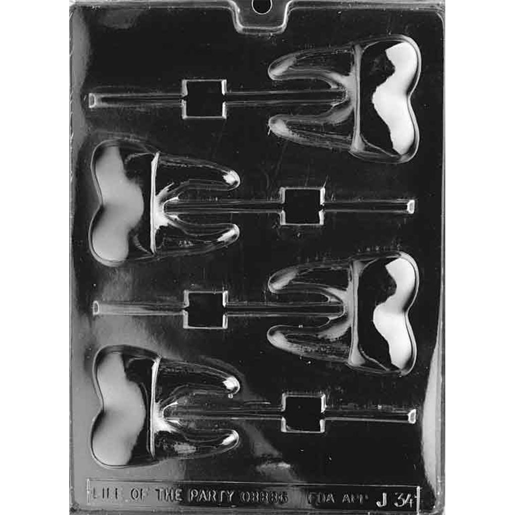 Clear plastic Tooth Chocolate Lollipop Mold with four molar-shaped cavities featuring rounded crowns, three roots, and built-in stick channels