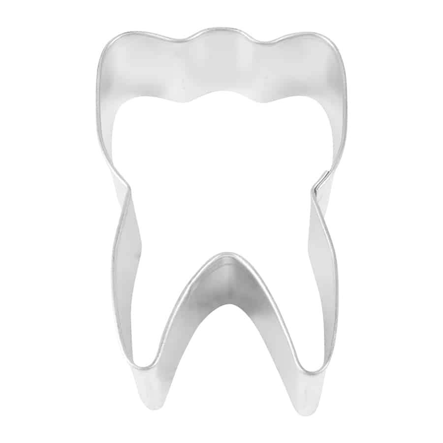 Tooth-shaped metal cookie cutter, measuring 3 inches tall by 2 inches wide.